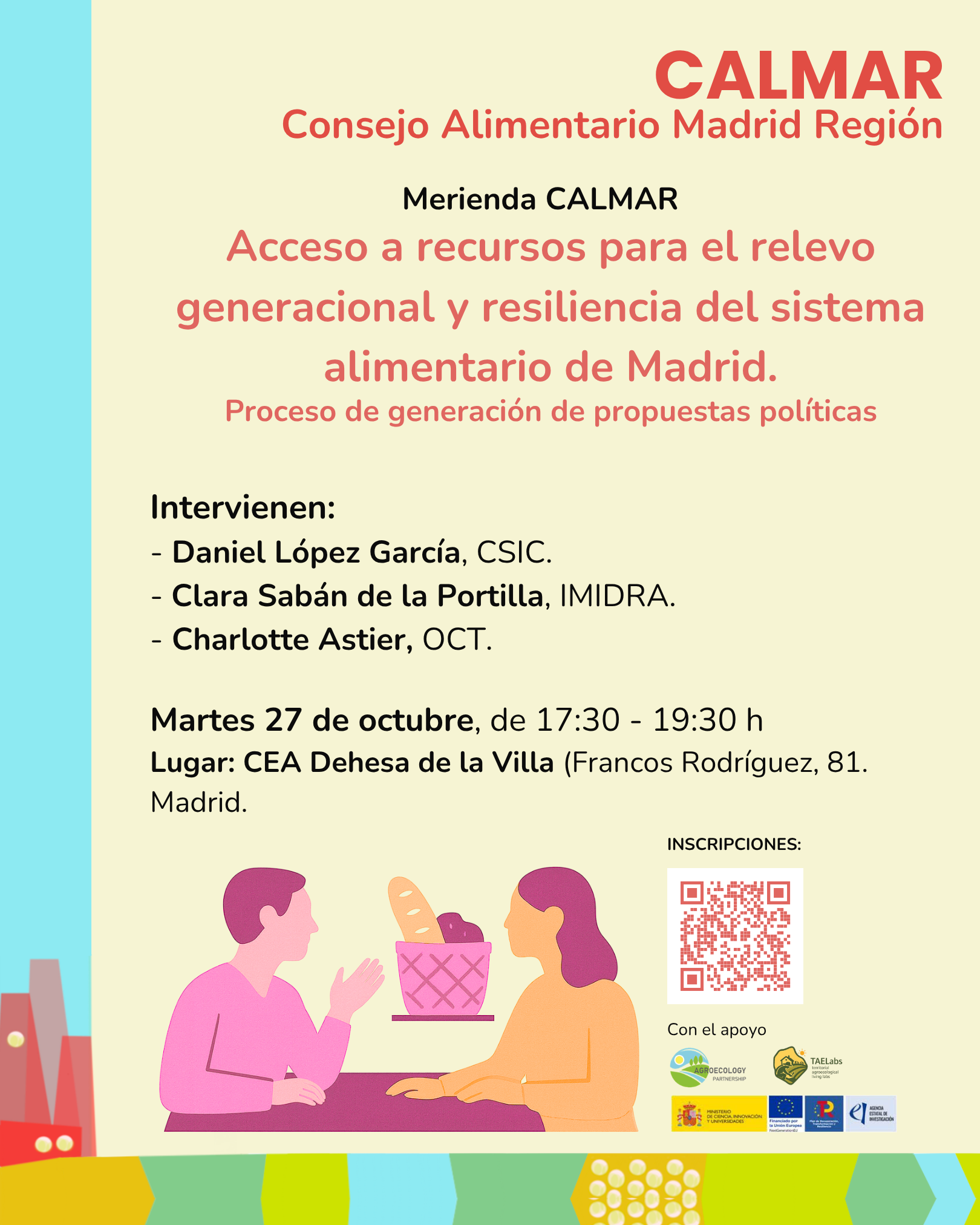 Cartel de la Merienda CALMAR del 27 de octubre sobre el relevo generacional y la resiliencia del sistema alimentario de Madrid